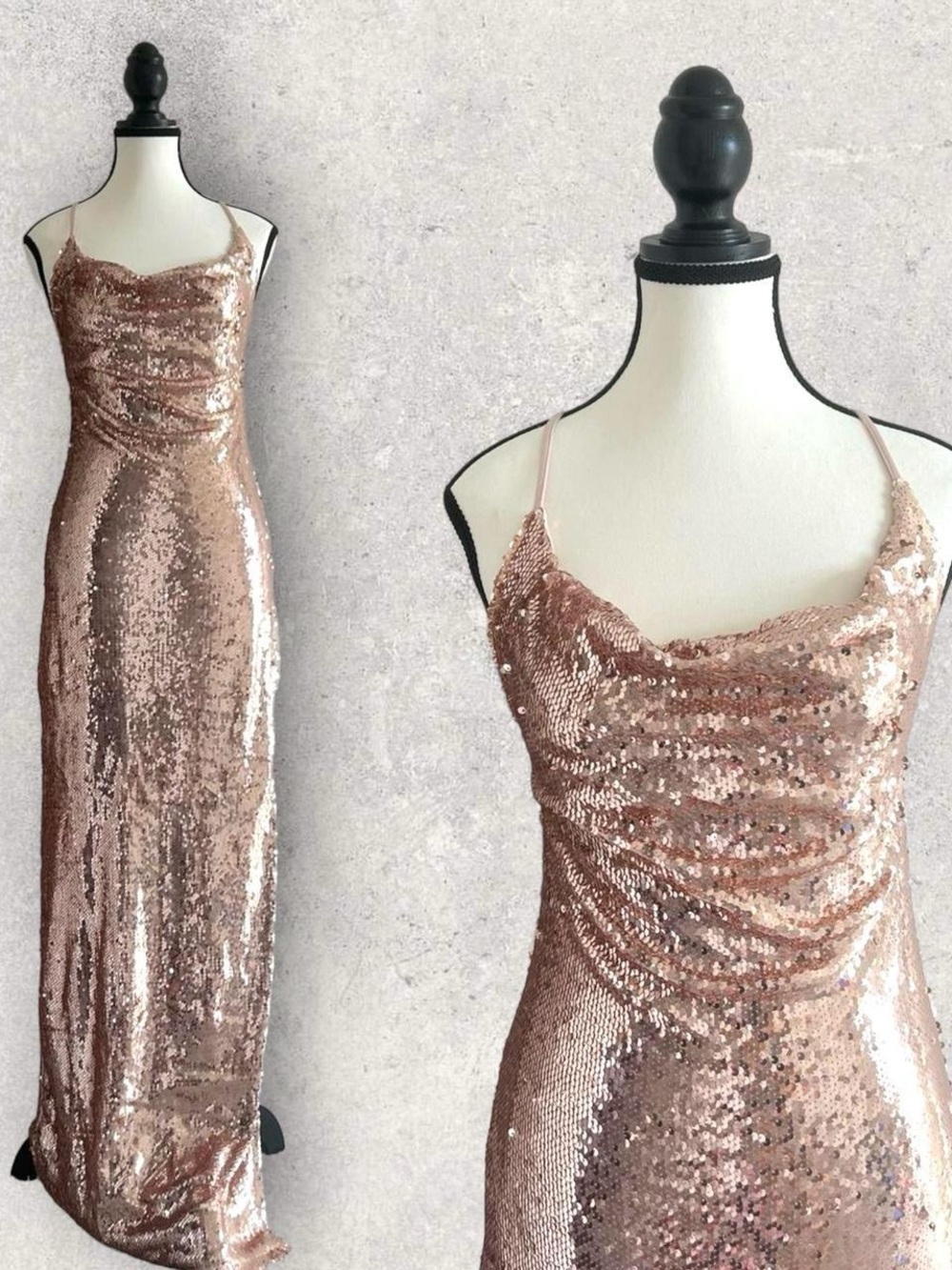 Sequin Cowl Neck Slip Dress - Rose Gold